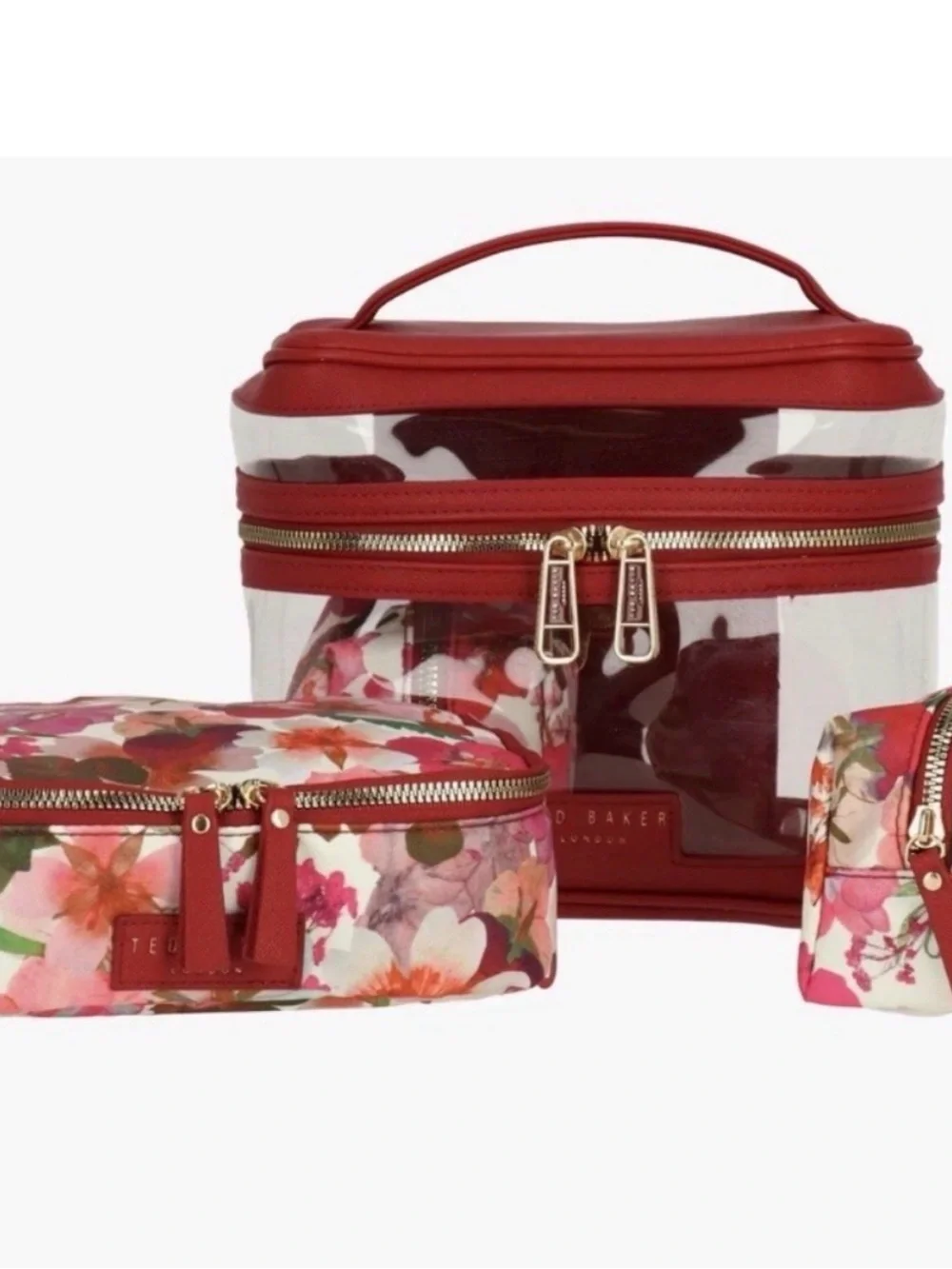 NWT Ted Baker London 4-Piece Cosmetic Train Case Bag Set Red Floral Travel